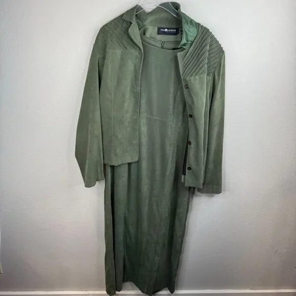 Sag Harbor Women's Jacket & Dress 2 Piece Suit Set Solid Olive Green - Picture 1 of 15